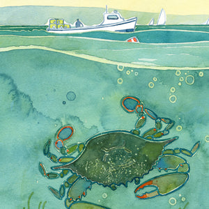 Blue Crab Fishing Art Print Chesapeake Bay Watercolor