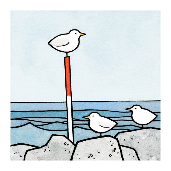 Miniature Sea Gulls Beach Print Watercolor Illustration 3x3 or 5x5